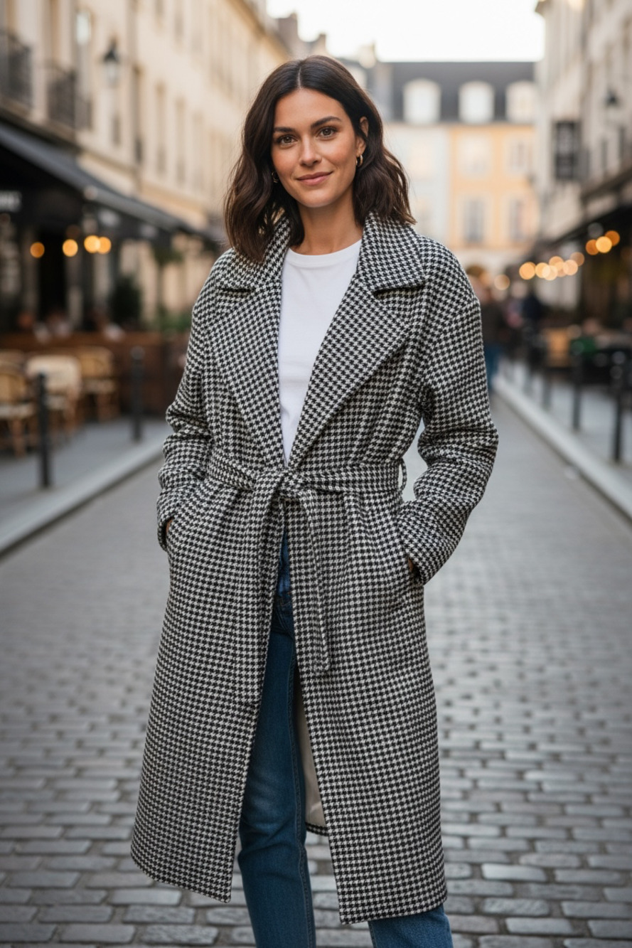 Abercrombie & Fitch Black and White Houndstooth Slouchy Belted Coat Size LP